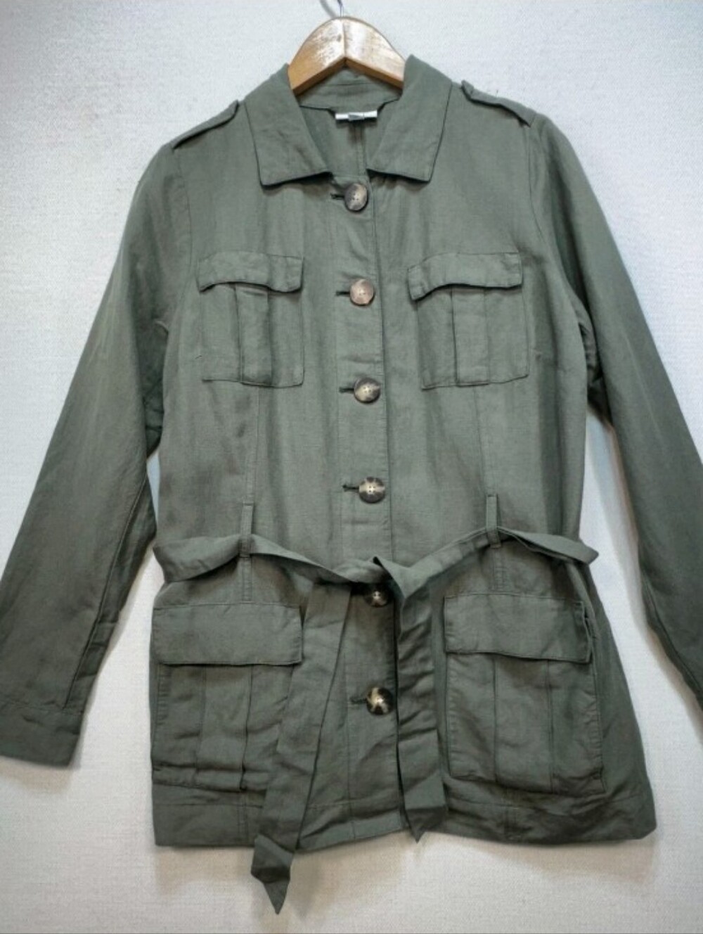 J. Jill Womens Linen Utility Military Jacket Size S Olive Green Button Up Belted